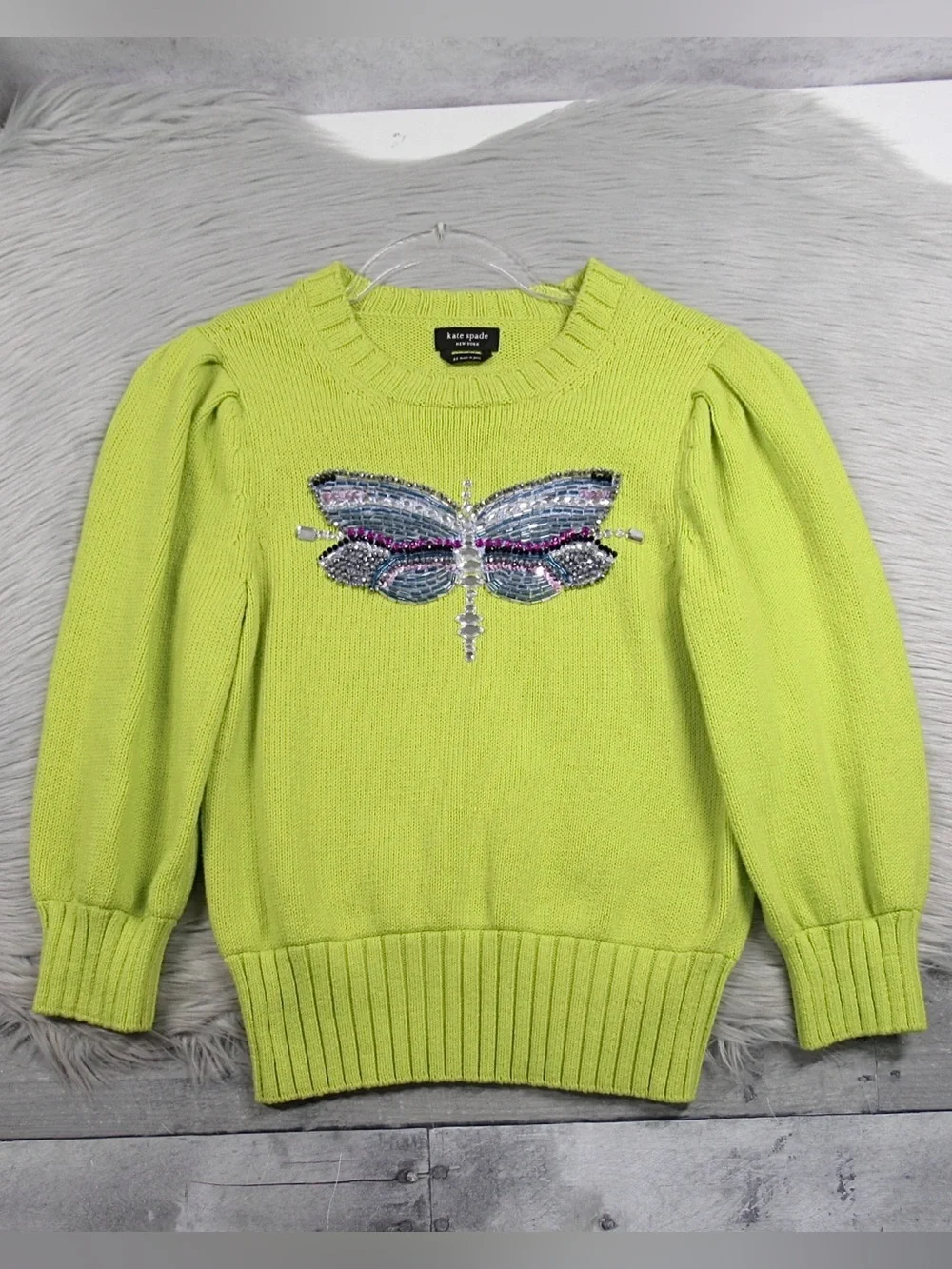 KATE SPADE Dragonfly Embellished Beaded Cotton Knit Sweater In Lime Zest - XS